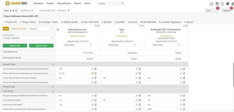 SmarBid's subcontractor bid comparison screenshot