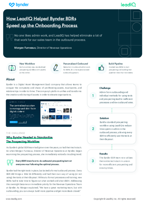 How LeadIQ Helps New BDRs at Bynder Start Building Pipeline in Less Than 2 Weeks