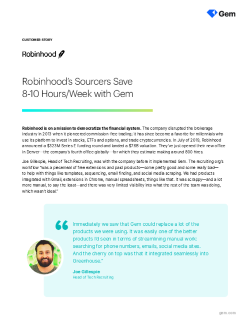 Robinhood’s recruiters save 8-10 hours/week with Gem