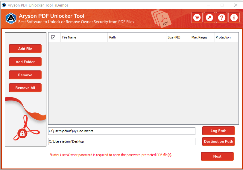 PDF Unlocker Software screenshot