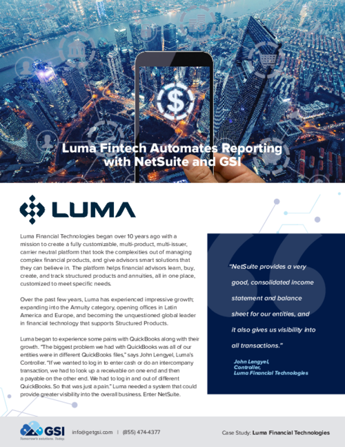 Luma Fintech Automates Reporting with NetSuite and GSI