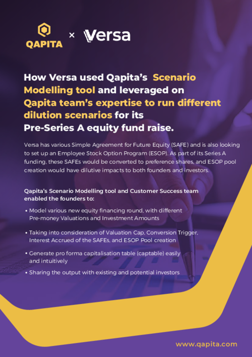 How Versa used Qapita’s Scenario Modelling tool and leveraged on Qapita team’s expertise to run different dilution scenarios for its Pre-Series A equity fund raise.
