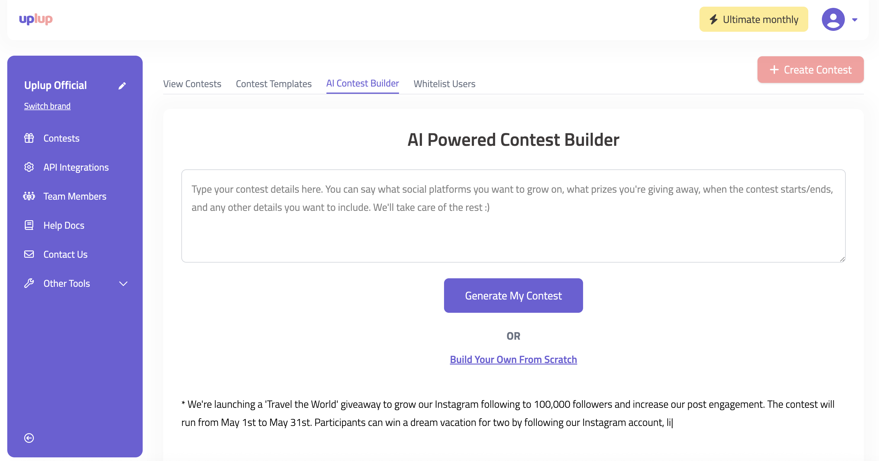 Uplup AI Contest Builder product features