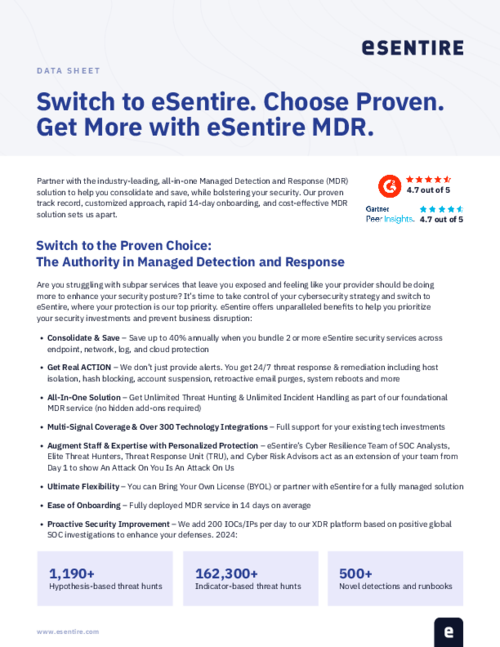 Learn why eSentire MDR is unequalled and how switching to eSentire can help you consolidate your security stack, save budget, & build cyber resilience.