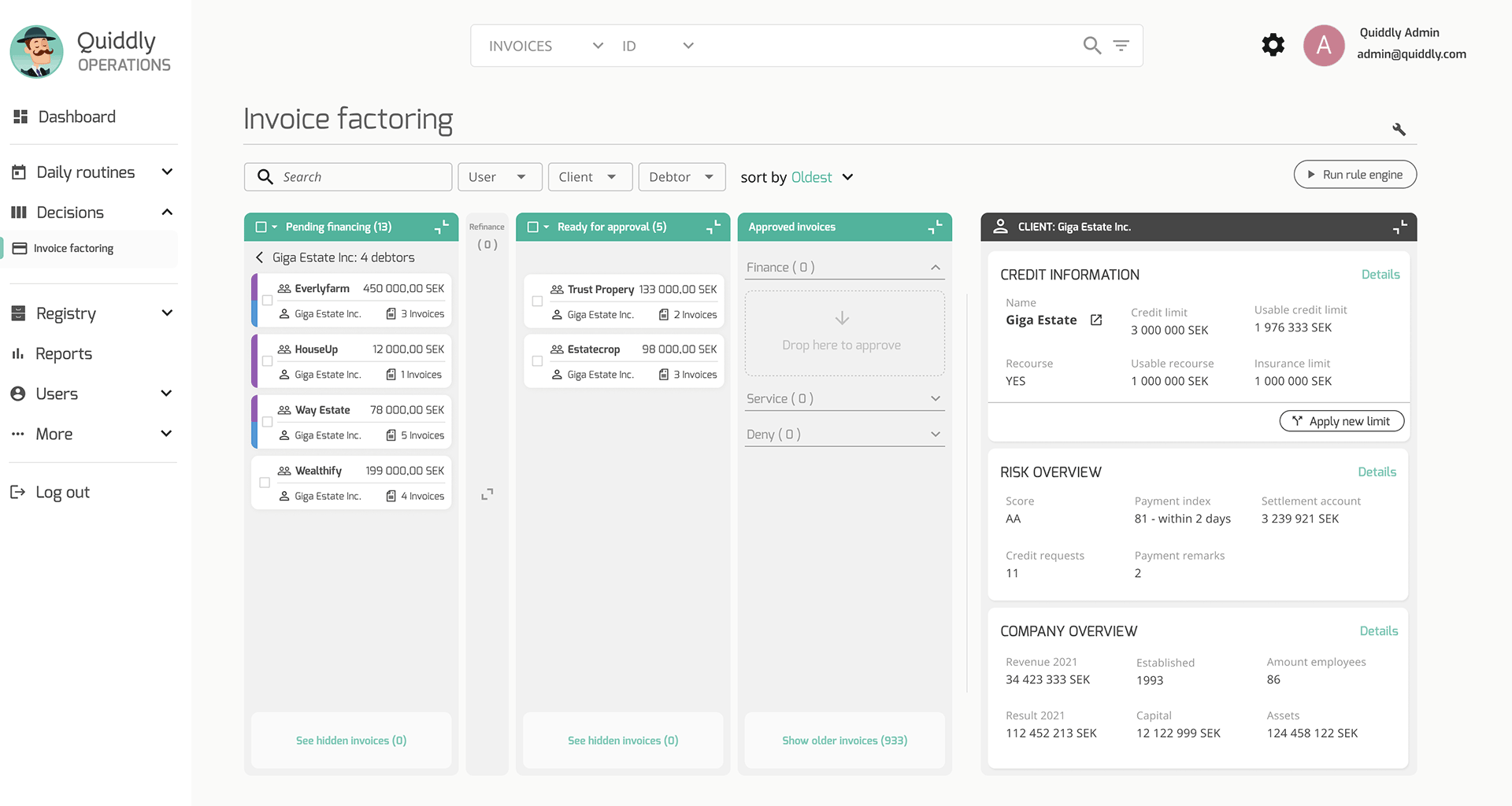 Quiddly's Factoring Management Software screenshot