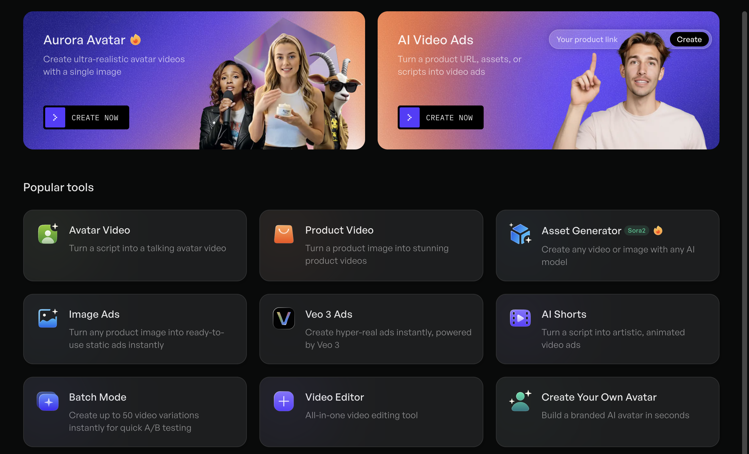 Creatify AI platform with extensive avatar library and UGC-style video creation.