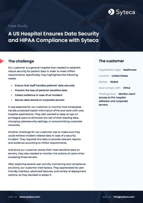 A US Hospital Ensures Data Security and HIPAA Compliance with Syteca