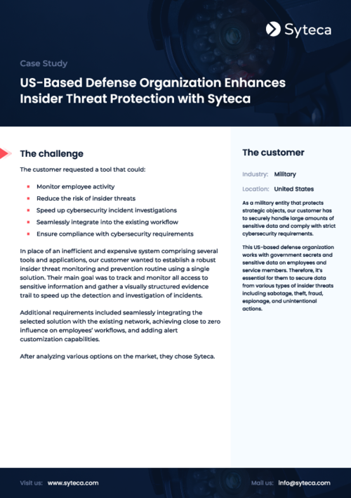 US-Based Defense Organization Enhances Insider Threat Protection with Syteca