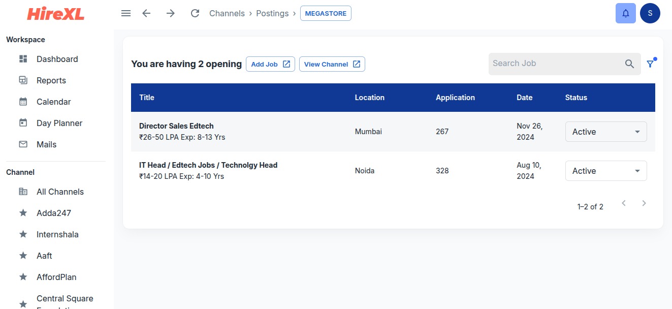 HireXL Application Tracking system screenshot