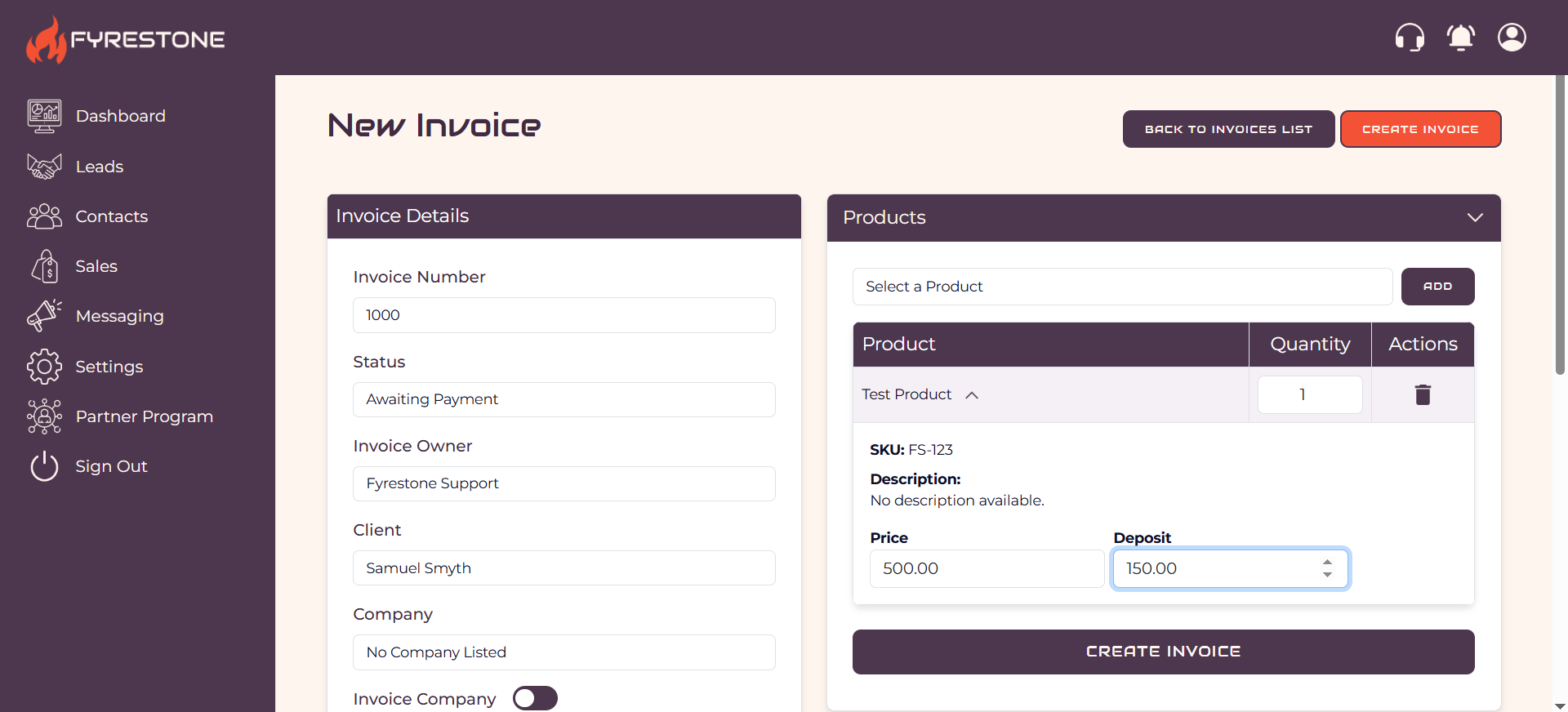Fyrestone CRM screenshot