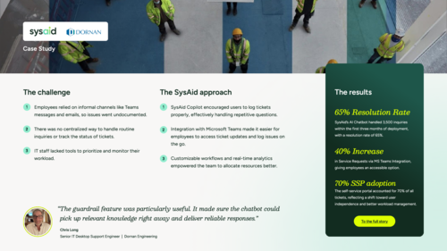Learn how Dornan Engineering streamlined support with SysAid Copilot and Microsoft Teams integration.