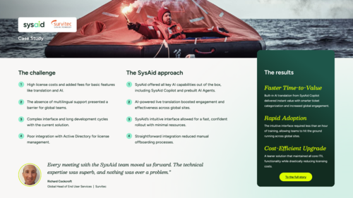 Learn how Survitec rolled out SysAid globally in under an hour of training—cutting licensing costs, enabling AI-powered features, and driving instant value with SysAid Copilot.