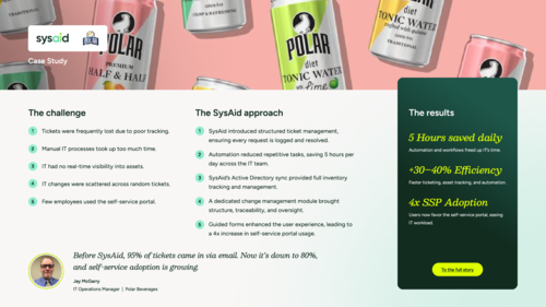 Learn how Polar Beverages saved 5 hours a day and boosted IT efficiency by 30–40% by adopting automation and increasing self-service portal usage 4x.