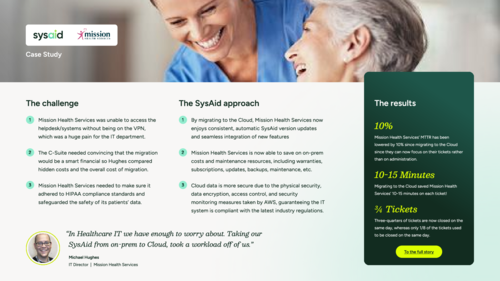 Learn how Mission Health cut ticket handling time by 10–15 minutes, reduced MTTR by 10%, and now resolves 75% of requests the same day — all while seamlessly migrating to the cloud.