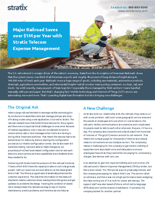 Case Study: Major Railroad Saves over $1M per Year with Stratix Telecom Expense Management