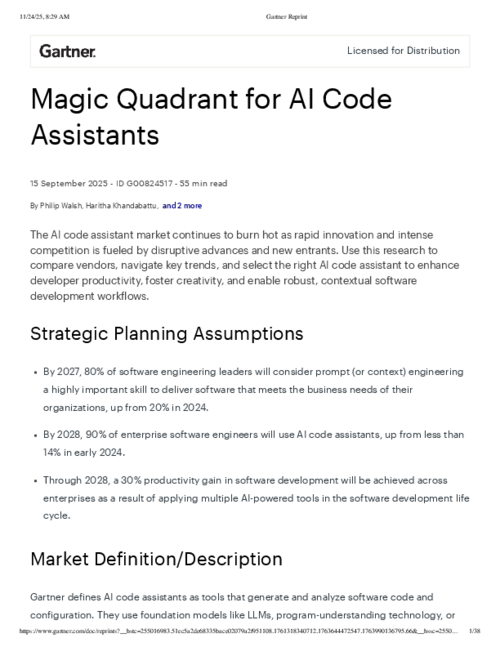 Gartner Magic Quadrant for AI Code Assistants
