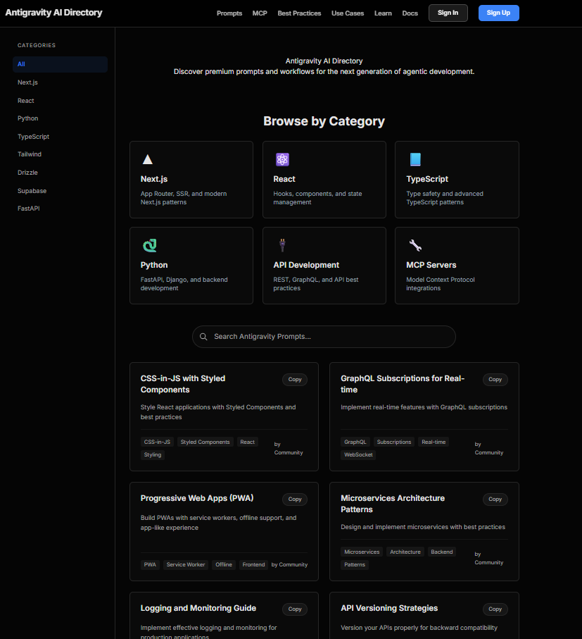 Antigravity AI Directory screenshot
