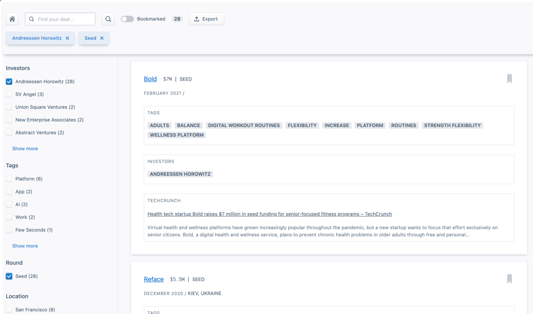 Searchable venture capital database screenshot