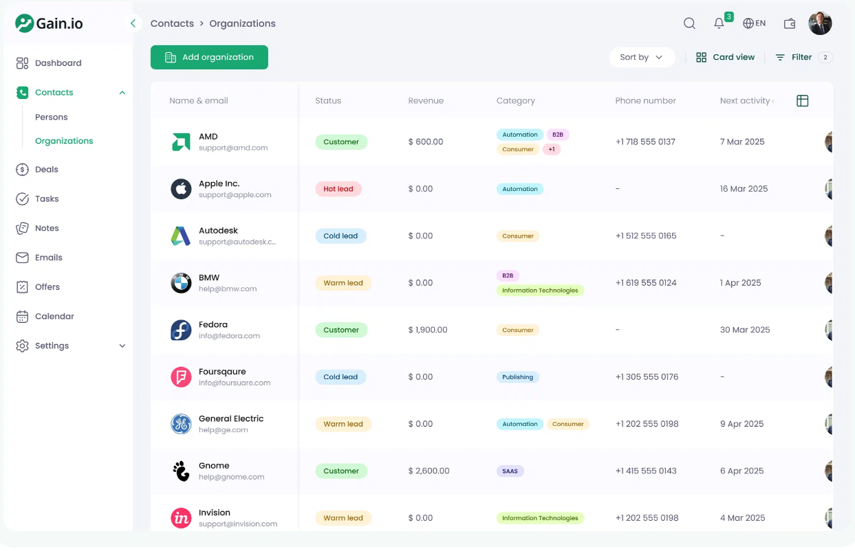 Gain CRM screenshot