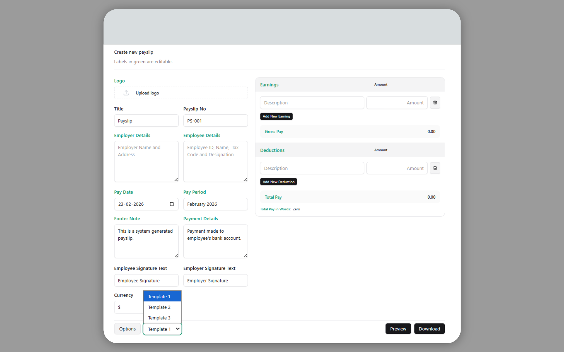 PYC Payslip Generator screenshot