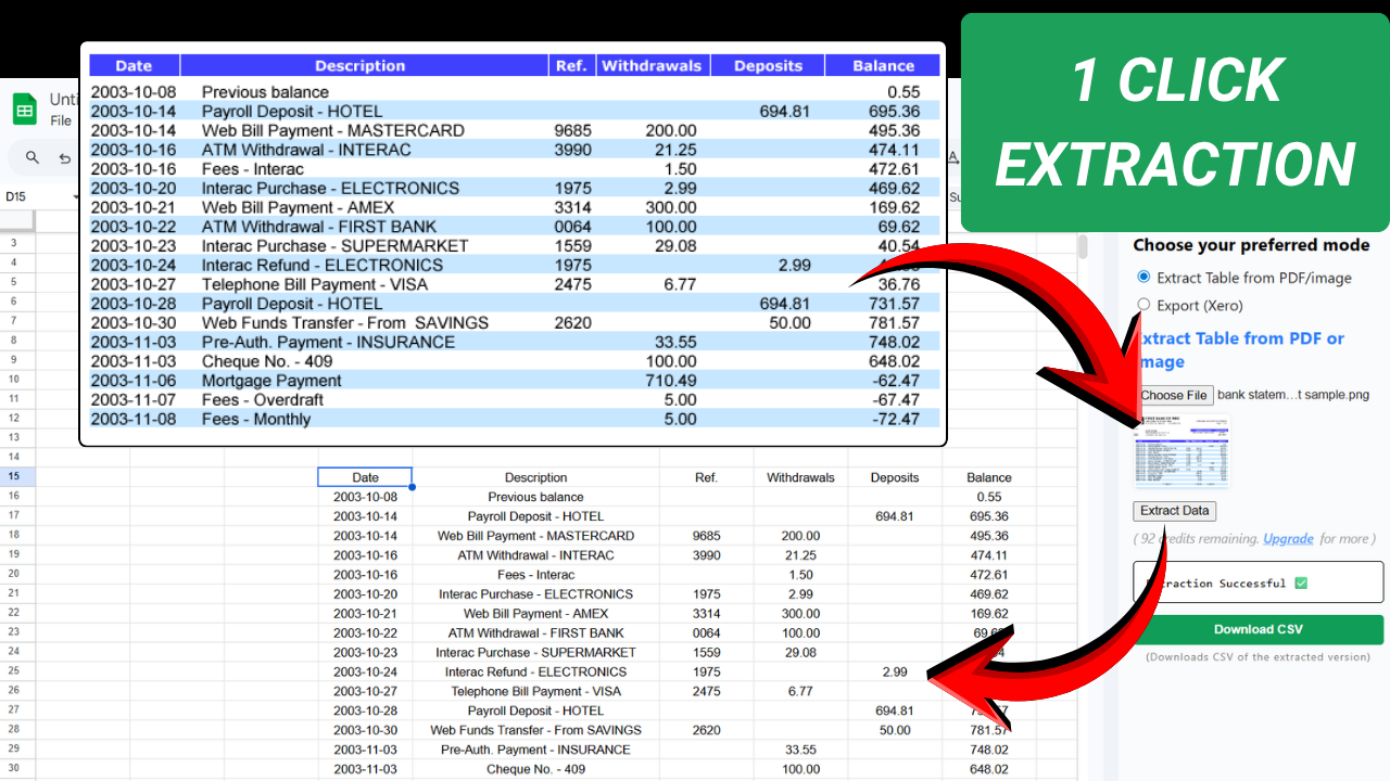 Convert PDF to Google Sheets,CSV: Bank Statement screenshot