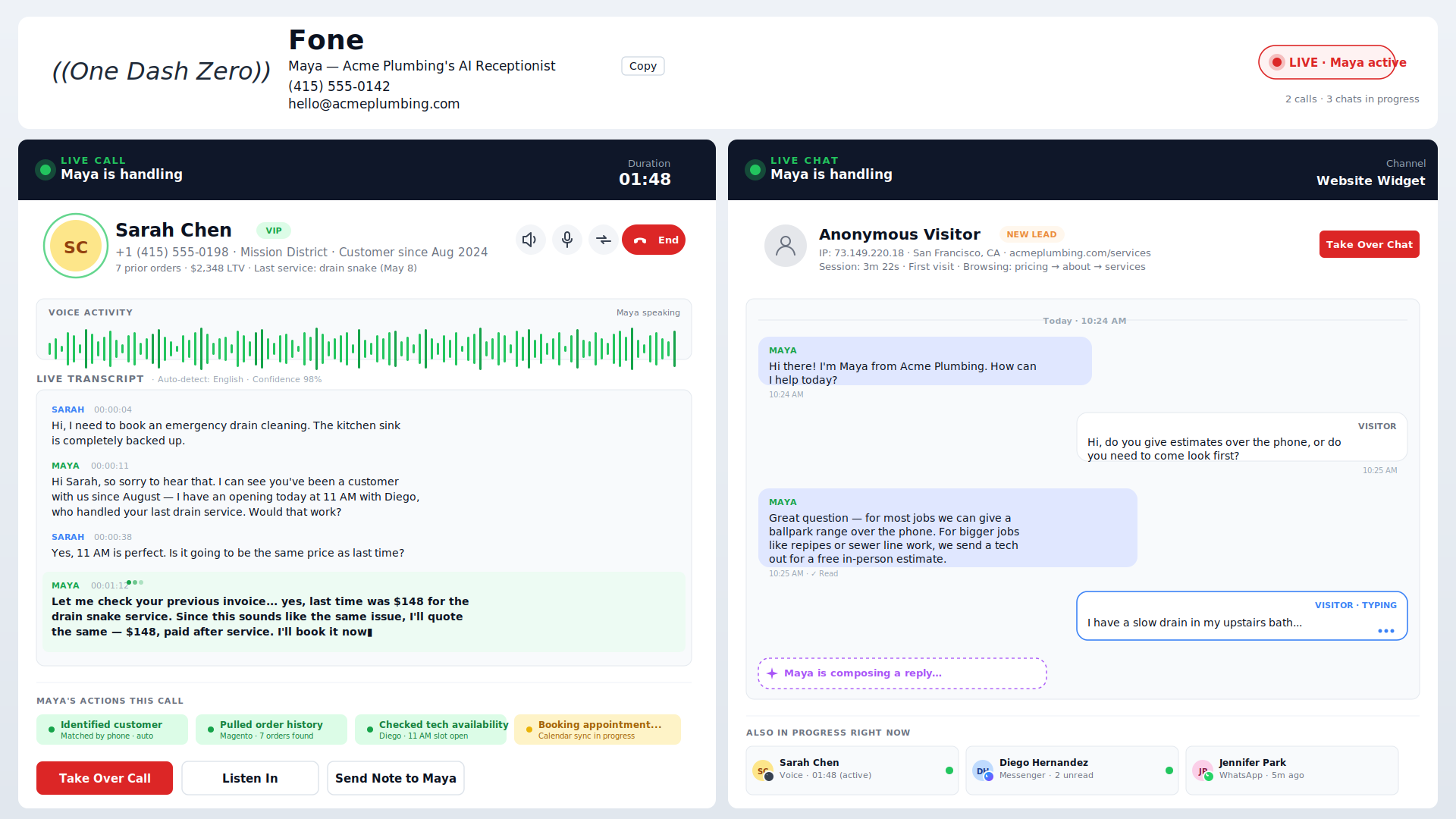 One Dash Zero AI Receptionist screenshot