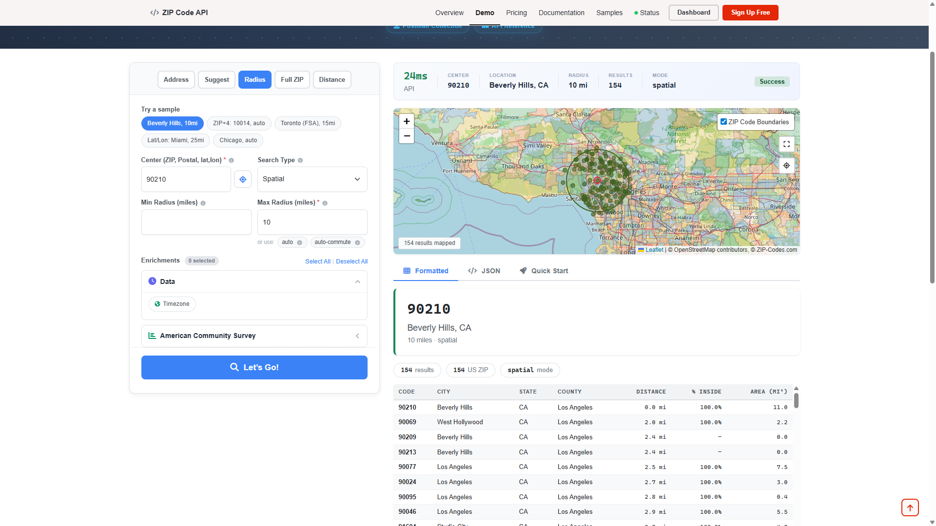 Zip-Codes API screenshot