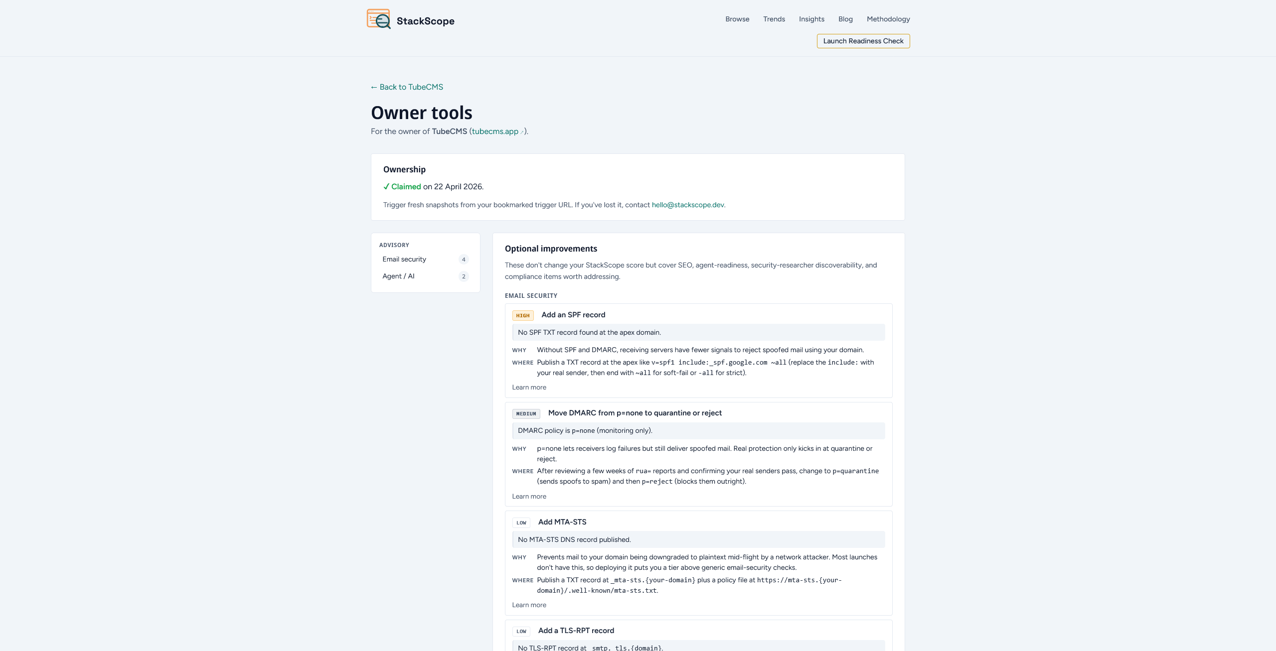 StackScope Launch Readiness Check screenshot