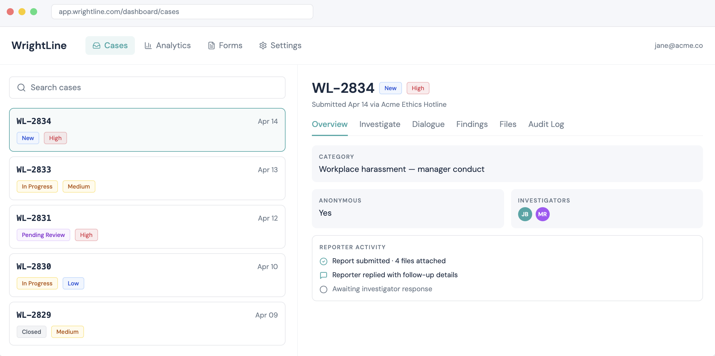 Wrightline Ethics Hotline screenshot