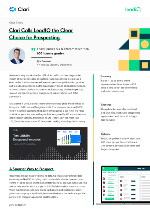 Check out why Clari calls LeadIQ the clear choice for prospecting!