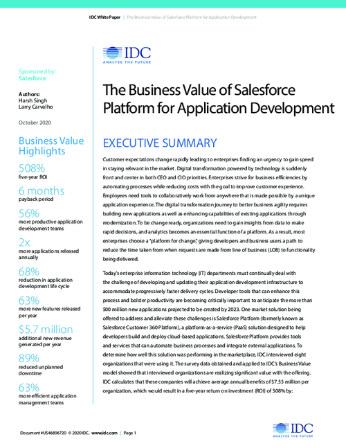 IDC ROI Study: The Business Value of Salesforce Platform for Application Development